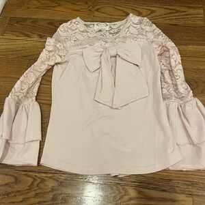 Elegant Pink Lace Sleeve Blouse with Bow
